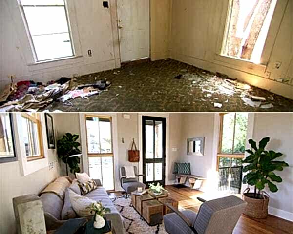 Joanna Gaines imzalı, Ünlü ve Yabancı Mimarlar'dan ilham alınarak tasarlanan oturma odasının öncesi ve sonrası fotoğrafları.