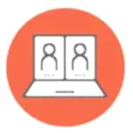 Ekranında iki soyut insan simgesi bulunan ve turuncu bir dairenin önünde duran dizüstü bilgisayar simgesi, çevrimiçi bir iç mimar tasarım oturumunu sergilemek için mükemmel.