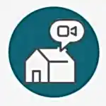 Üzerinde görüntülü görüşme sembolü bulunan, turkuaz renkli bir dairenin içinde bir ev simgesi, çevrimiçi bir iç tasarım ofisi için idealdir.