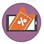 Akıllı telefon ekranından çıkan turuncu indirim bileti, mor dairesel bir arka plana karşı duruyor. Ofis ve villalar için çevrimiçi iç tasarım fırsatları arayanlar için mükemmel.