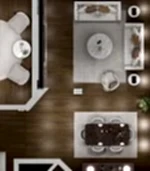 Şık bir villa yaşam alanı, beyaz mermer üstlü sehpalı bir oturma alanı ve çevrimiçi bir iç mimar tarafından hazırlanmış şık bir yemek düzeni içerir. Tasarım, ahşap zemine güzelce yerleştirilmiş dört kişilik "Premium" yuvarlak masa setini içerir.