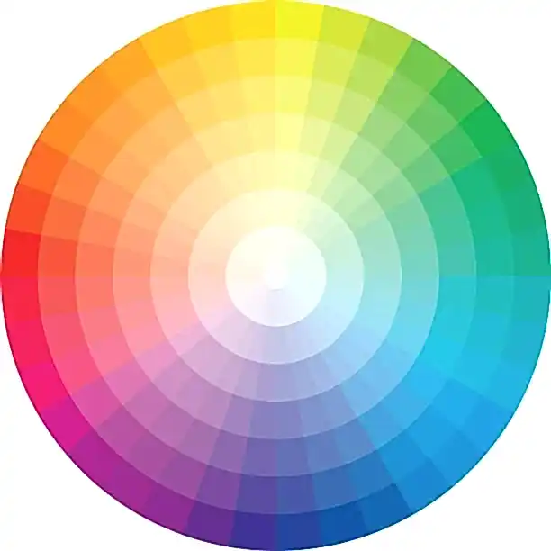 Bir villa veya ofis tasarlayan iç mimarlar için mükemmel olan dairesel renk çarkı, saf beyaz bir merkeze sahip, degradeli segmentlerde kırmızıdan maviye uzanan bir spektrum sergiliyor.