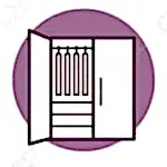 Mor dairesel bir arka plan önünde, online iç mimar dokunuşuyla tasarlanmış, askılı ve çekmeceli açık gardırop çizimi.