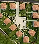 Eşit aralıklı evler, kırmızı çatılar ve planlanmış bir villa arazisi gibi yeşil çimenler içeren bir banliyö mahallesinin havadan görünümü. Alan, Dış Mekan Görselleştirme Hizmeti tasarım uzmanlığının hassasiyetini sergileyen asfalt bölümlerde park edilmiş arabaları içerir.