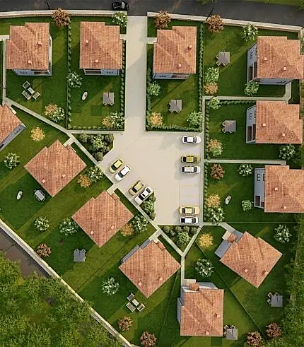 Eşit aralıklı evler, kırmızı çatılar ve planlanmış bir villa arazisi gibi yeşil çimenler içeren bir banliyö mahallesinin havadan görünümü. Alan, Dış Mekan Görselleştirme Hizmeti tasarım uzmanlığının hassasiyetini sergileyen asfalt bölümlerde park edilmiş arabaları içerir.