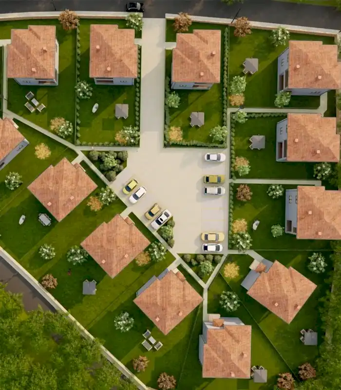 Eşit aralıklı evler, kırmızı çatılar ve planlanmış bir villa arazisi gibi yeşil çimenler içeren bir banliyö mahallesinin havadan görünümü. Alan, Dış Mekan Görselleştirme Hizmeti tasarım uzmanlığının hassasiyetini sergileyen asfalt bölümlerde park edilmiş arabaları içerir.