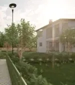 Dış Mekan Görselleştirme Hizmeti tarafından öne çıkarılan iki katlı bir villa, yeşil bitki örtüsü ve bakımlı bir çimenlik arasında beyaz bir dış cepheye sahiptir. Bir sokak lambası, güneş ışığı ağaçların arasından süzülürken, binaya giden asfalt yolu sıralar ve herhangi bir iç mimarın tasarım cazibesi için hayran kalacağı desenler oluşturur.