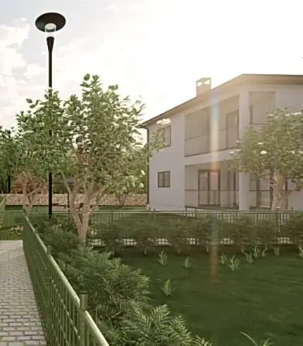 Dış Mekan Görselleştirme Hizmeti tarafından öne çıkarılan iki katlı bir villa, yeşil bitki örtüsü ve bakımlı bir çimenlik arasında beyaz bir dış cepheye sahiptir. Bir sokak lambası, güneş ışığı ağaçların arasından süzülürken, binaya giden asfalt yolu sıralar ve herhangi bir iç mimarın tasarım cazibesi için hayran kalacağı desenler oluşturur.