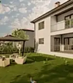 Dış Mekan Görselleştirme Hizmeti, kısmen bulutlu bir gökyüzünün altında, çimenli bir arka bahçeye, gölgelik altında bahçe mobilyalarına, modern iç mimar tasarım öğelerine ve dingin atmosferi artıran yakındaki bir ağaca sahip bir villayı sergiliyor.