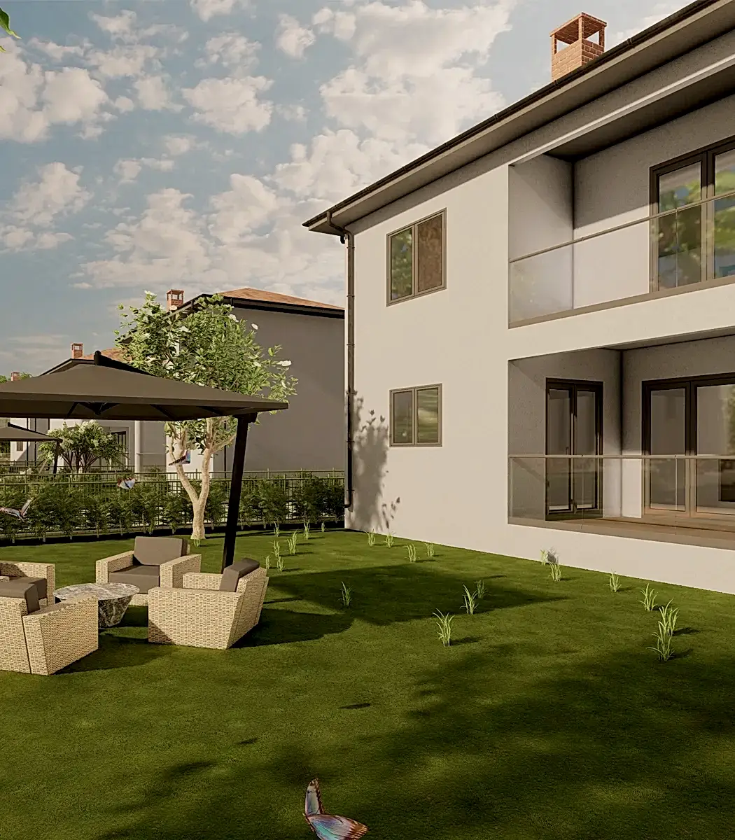 Dış Mekan Görselleştirme Hizmeti, kısmen bulutlu bir gökyüzünün altında, çimenli bir arka bahçeye, gölgelik altında bahçe mobilyalarına, modern iç mimar tasarım öğelerine ve dingin atmosferi artıran yakındaki bir ağaca sahip bir villayı sergiliyor.