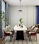 Modern bir yemek odası, mermer bir masa, sekiz bej sandalye ve Dış Mekan Görselleştirme Hizmeti tarafından tasarlanmış minimalist bir aydınlatma armatürü sergiliyor. Köşedeki saksı bitkileri hayat katarken, mavi perdeler pencereleri güzelce çerçeveliyor.