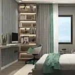 VR360 PAKETİ, bilgisayar, kitaplar ve dekorla dolu açık raflar ve minderli bir sandalye içeren bir çalışma alanına sahip modern bir yatak odası sergiliyor. Yeşil vurgulara sahip bir yatak, bir iç mimarın tarzını andıran alanı geliştiriyor. Oda, daha fazla konfor için şık perdelerle çerçevelenmiş bir pencere ile tamamlanıyor.