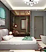 VR360 PAKETİ'nin yer aldığı modern bir yatak odasında zarif villa unsurları sergileniyor: gri bir yatak, aynalı gardırop, beyaz ofis koltuğu ve soyut bir tabloya sıcaklık veren bir tavan lambası. Şık kurulum, aynadaki aile köpeğini ustaca yansıtıyor.