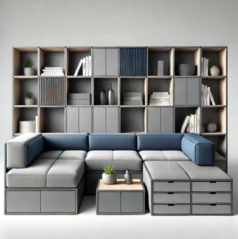 gri ve derin mavi tonlarında modern modüler bir oturma düzeni