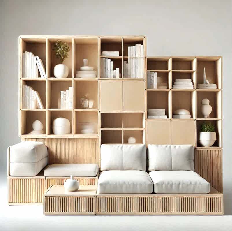 açık ahşap ve beyaz döşemeli, modern modüler bir oturma alanı