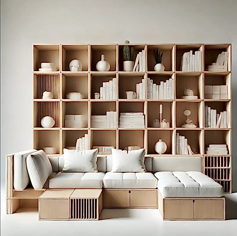 açık ahşap saklama küpleriyle entegre edilmiş beyaz döşemeli modüler bir oturma alanı