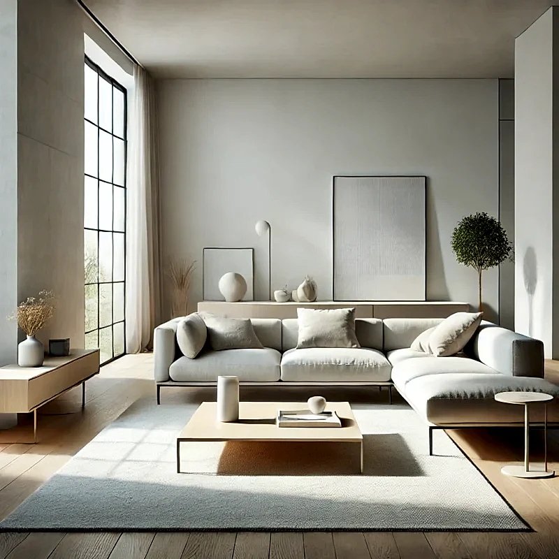 Minimalist konsept iç mekan tasarımı için muhteşem bir örnek. Geniş, düzenli bir tasarıma sahip minimalist bir oturma odası. Odada beyaz, bej ve griden oluşan nötr bir renk paleti yer alıyor. Şık, modern bir kanepe