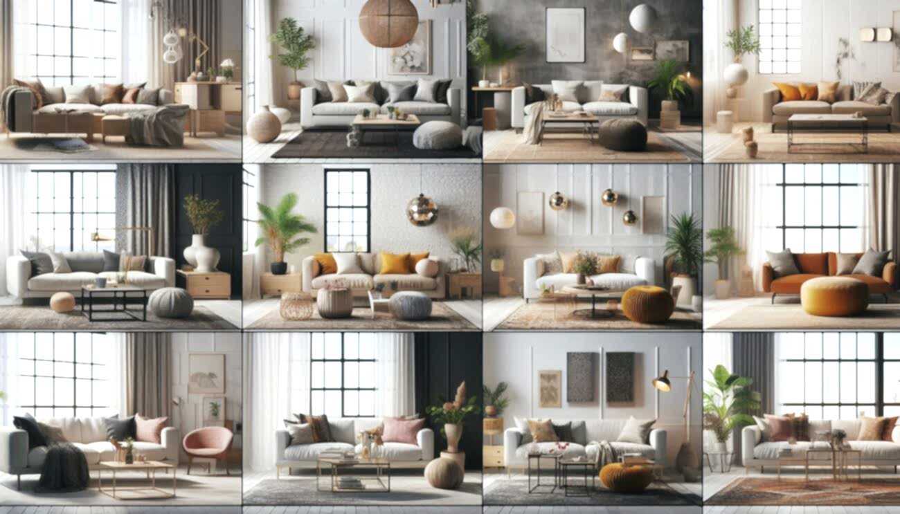 Dokuz farklı oturma odası iç mimari tasarım konsepti: minimalist, modern, klasik, endüstriyel, rustik, bohem, fütüristik, Akdeniz ve İskandinav. Her bir oturma odası, belirgin tarzını yansıtan mobilya, dekorasyon ve renk paleti ile tasarlanmış. Minimalist oda sade ve düzenli, modern oda şık ve sofistike, klasik oda zarif ve detaylı, endüstriyel oda ham ve işlevsel, rustik oda sıcak ve doğal, bohem oda renkli ve eklektik, fütüristik oda yenilikçi ve teknolojik, Akdeniz oda ferah ve deniz esintili, İskandinav oda ise aydınlık ve sade. Her odada doğal ışık ve uygun aydınlatma kullanılmış.