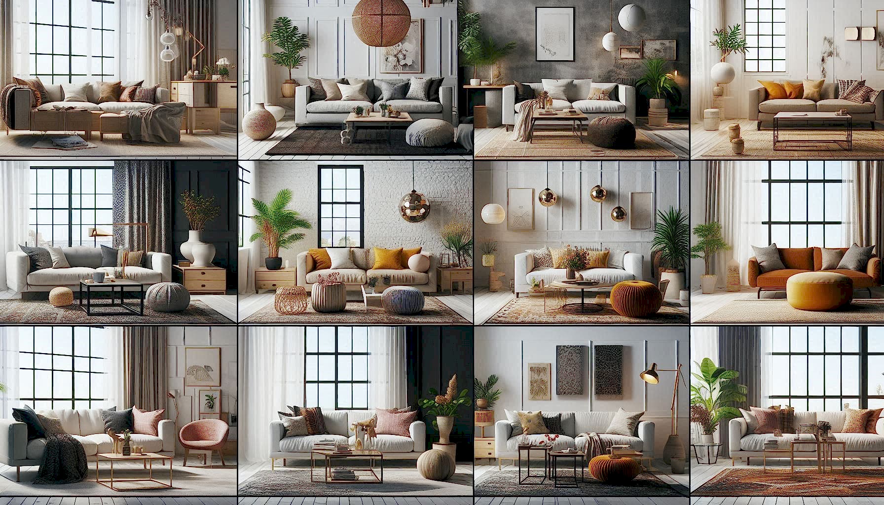 Dokuz farklı oturma odası iç mimari tasarım konsepti: minimalist, modern, klasik, endüstriyel, rustik, bohem, fütüristik, Akdeniz ve İskandinav. Her bir oturma odası, belirgin tarzını yansıtan mobilya, dekorasyon ve renk paleti ile tasarlanmış. Minimalist oda sade ve düzenli, modern oda şık ve sofistike, klasik oda zarif ve detaylı, endüstriyel oda ham ve işlevsel, rustik oda sıcak ve doğal, bohem oda renkli ve eklektik, fütüristik oda yenilikçi ve teknolojik, Akdeniz oda ferah ve deniz esintili, İskandinav oda ise aydınlık ve sade. Her odada doğal ışık ve uygun aydınlatma kullanılmış.