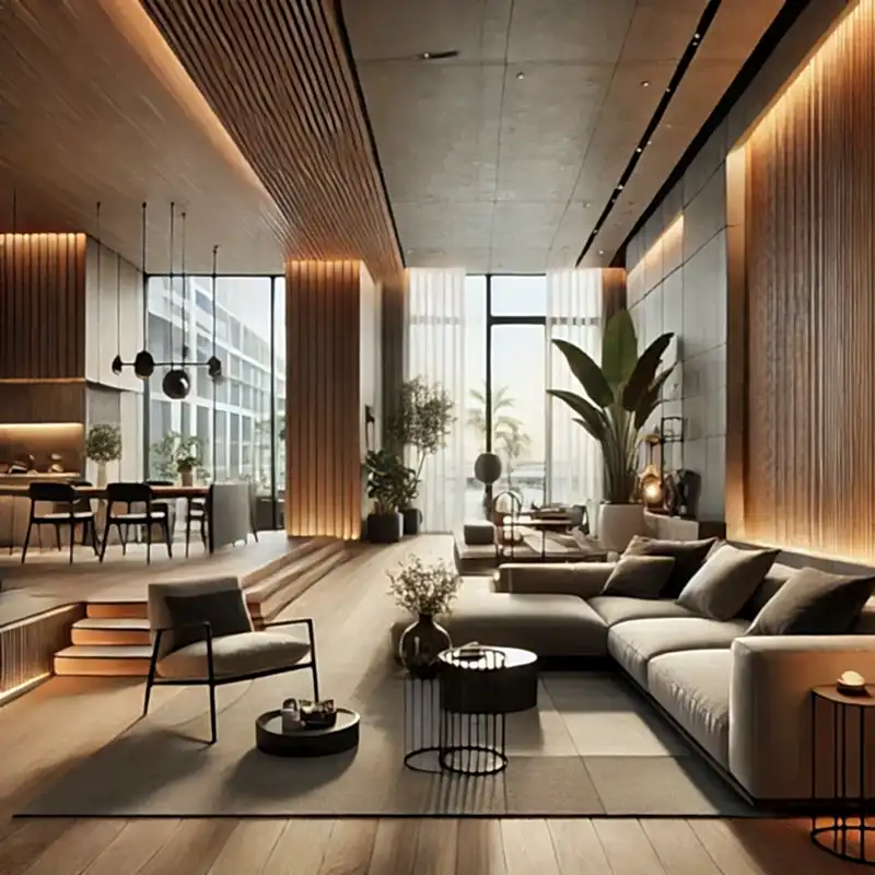 Yapay zeka kullanılarak minimalist bir estetikle tasarlanmış, doğal malzemeler ve sıcak aydınlatmalar içeren şık bir yaşam alanı.