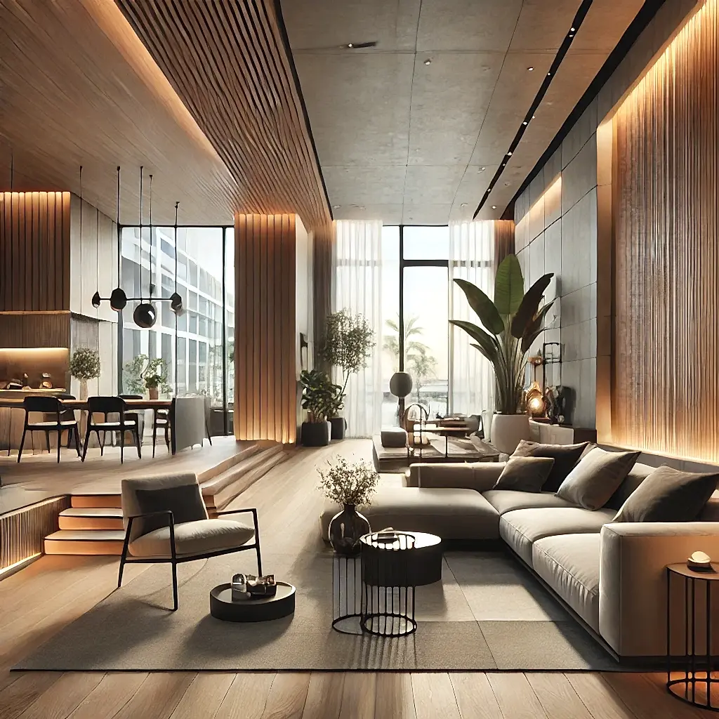 Yapay zeka kullanılarak minimalist bir estetikle tasarlanmış, doğal malzemeler ve sıcak aydınlatmalar içeren şık bir yaşam alanı.