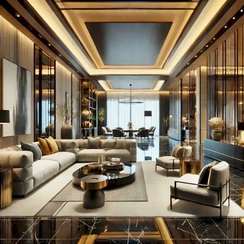 Yapay zeka kullanılarak tasarlanmış modern bir lüks tasarım, mermer, cam ve metal gibi zengin dokularla şık ve sofistike bir alan yaratıyor.