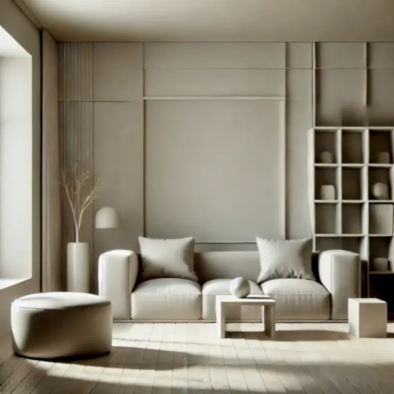 Yapay zeka kullanılarak tasarlanmış minimalist bir tasarım, sade geometrik formlar ve nötr tonlarla huzurlu bir atmosfer sunuyor.